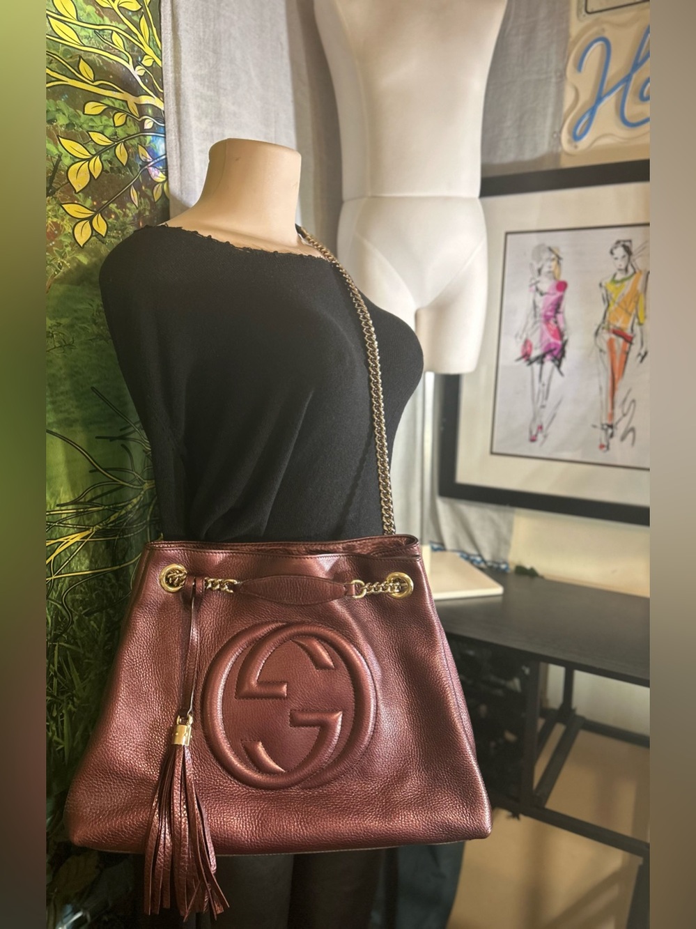 Gucci Metallic Plum Soho Chain Shoulder Cow Leather Authentic Tote Bag~Pre•Loved